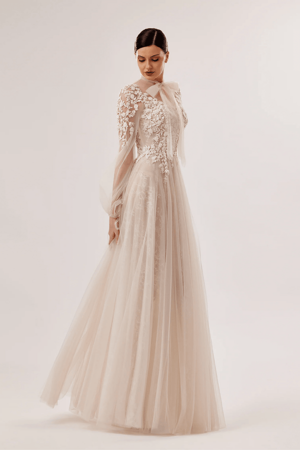 Hand-Embroidered Lace-Under-Tulle Gown with Bow Tie - ALBOUSHIYA - district 5 - dubai - riyadh - abaya - dresses - designers - evening wear - luxury - elegance - craftsmanship - gowns - cocktail dresses - collections - georges