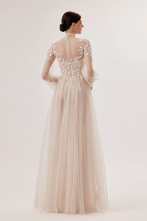 Hand-Embroidered Lace-Under-Tulle Gown with Bow Tie - ALBOUSHIYA - district 5 - dubai - riyadh - abaya - dresses - designers - evening wear - luxury - elegance - craftsmanship - gowns - cocktail dresses - collections - georges