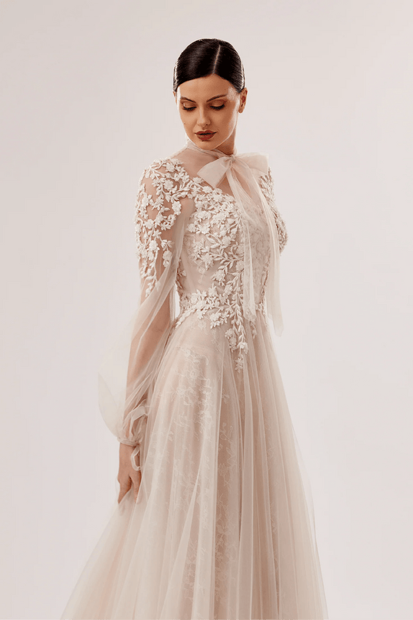 Hand-Embroidered Lace-Under-Tulle Gown with Bow Tie - ALBOUSHIYA - district 5 - dubai - riyadh - abaya - dresses - designers - evening wear - luxury - elegance - craftsmanship - gowns - cocktail dresses - collections - georges