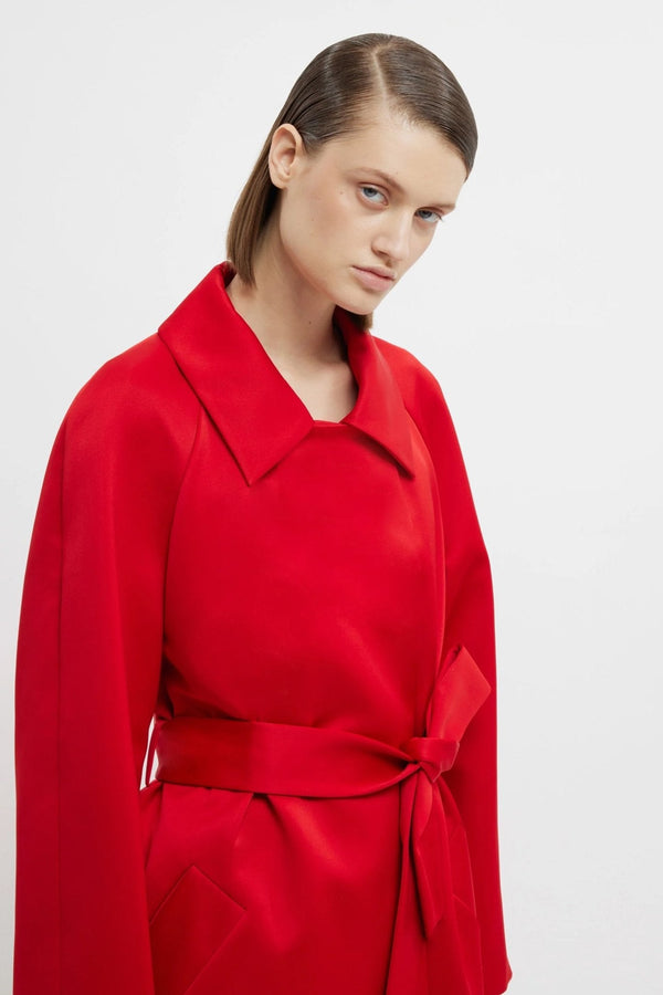 Hasina Coat in Bright Red Doppio Satin - ALBOUSHIYA - district 5 - dubai - riyadh - abaya - dresses - designers - evening wear - luxury - elegance - craftsmanship - gowns - cocktail dresses - collections - georges