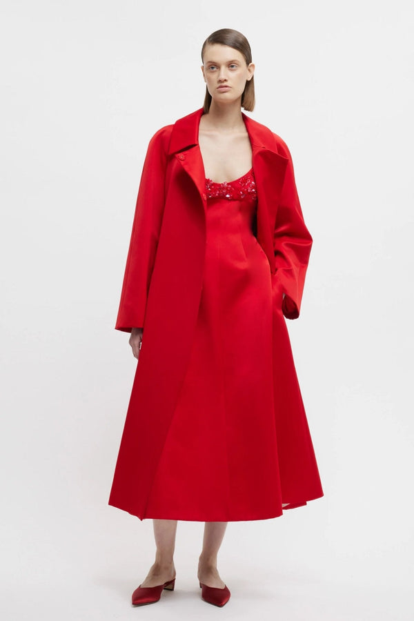 Hasina Coat in Bright Red Doppio Satin - ALBOUSHIYA - district 5 - dubai - riyadh - abaya - dresses - designers - evening wear - luxury - elegance - craftsmanship - gowns - cocktail dresses - collections - georges