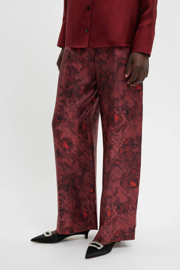 Heqet Trousers In Red Roses On Marble Print Silk Twill - ALBOUSHIYA - district 5 - dubai - riyadh - abaya - dresses - designers - evening wear - luxury - elegance - craftsmanship - gowns - cocktail dresses - collections - georges