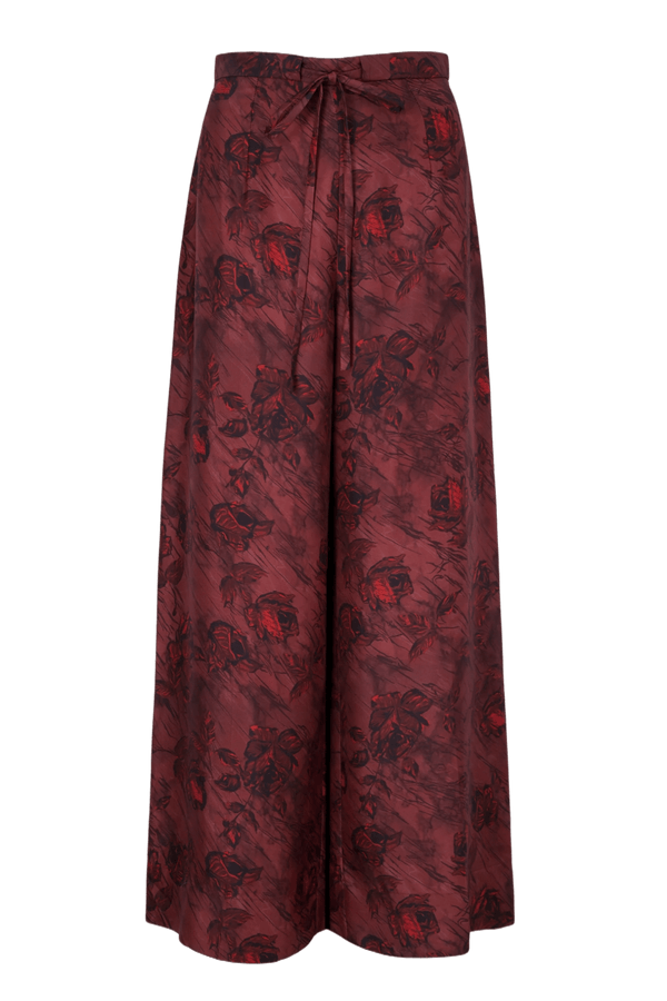 Heqet Trousers In Red Roses On Marble Print Silk Twill - ALBOUSHIYA - district 5 - dubai - riyadh - abaya - dresses - designers - evening wear - luxury - elegance - craftsmanship - gowns - cocktail dresses - collections - georges