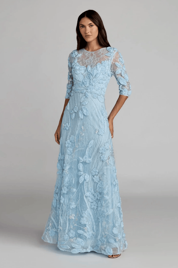 High Neck Embellished Lace Gown with 3/4 Sleeves - ALBOUSHIYA - district 5 - dubai - riyadh - abaya - dresses - designers - evening wear - luxury - elegance - craftsmanship - gowns - cocktail dresses - collections - georges