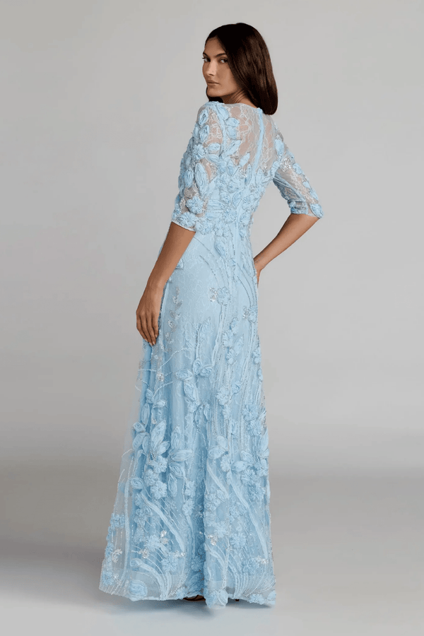 High Neck Embellished Lace Gown with 3/4 Sleeves - ALBOUSHIYA - district 5 - dubai - riyadh - abaya - dresses - designers - evening wear - luxury - elegance - craftsmanship - gowns - cocktail dresses - collections - georges