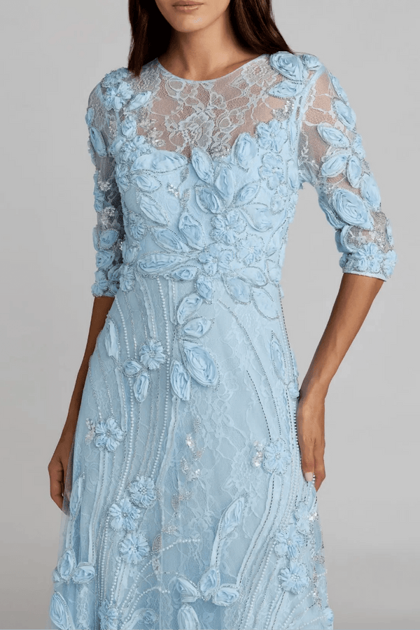 High Neck Embellished Lace Gown with 3/4 Sleeves - ALBOUSHIYA - district 5 - dubai - riyadh - abaya - dresses - designers - evening wear - luxury - elegance - craftsmanship - gowns - cocktail dresses - collections - georges