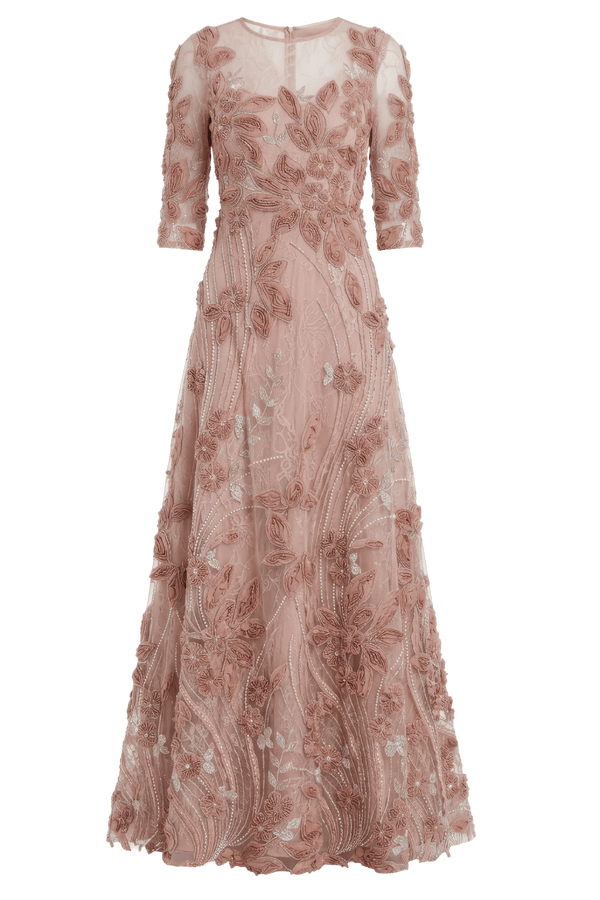 High Neck Embellished Lace Gown with 3/4 Sleeves - ALBOUSHIYA - district 5 - dubai - riyadh - abaya - dresses - designers - evening wear - luxury - elegance - craftsmanship - gowns - cocktail dresses - collections - georges