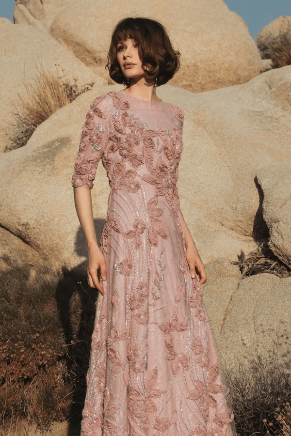 High Neck Embellished Lace Gown with 3/4 Sleeves - ALBOUSHIYA - district 5 - dubai - riyadh - abaya - dresses - designers - evening wear - luxury - elegance - craftsmanship - gowns - cocktail dresses - collections - georges