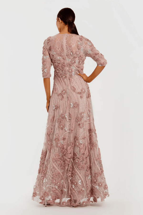 High Neck Embellished Lace Gown with 3/4 Sleeves - ALBOUSHIYA - district 5 - dubai - riyadh - abaya - dresses - designers - evening wear - luxury - elegance - craftsmanship - gowns - cocktail dresses - collections - georges