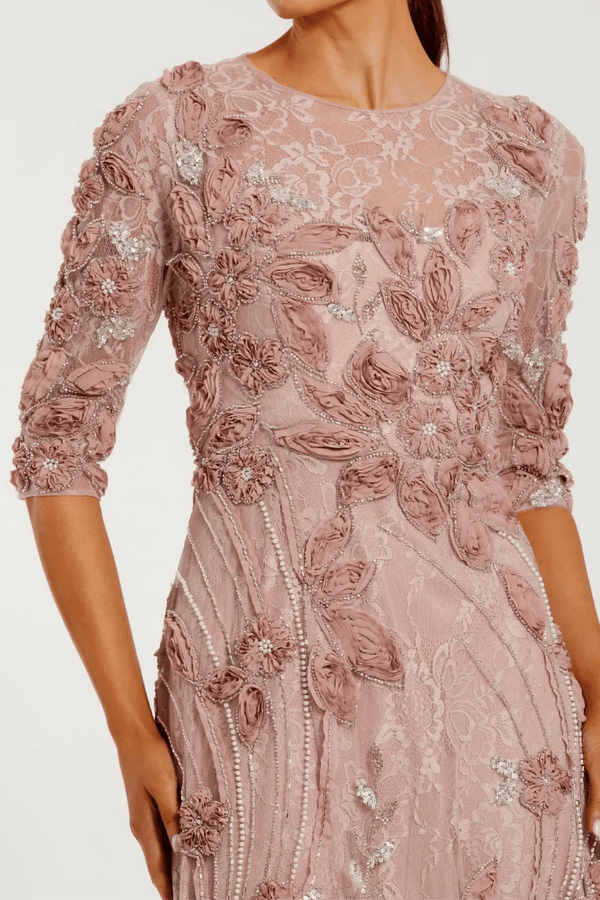 High Neck Embellished Lace Gown with 3/4 Sleeves - ALBOUSHIYA - district 5 - dubai - riyadh - abaya - dresses - designers - evening wear - luxury - elegance - craftsmanship - gowns - cocktail dresses - collections - georges