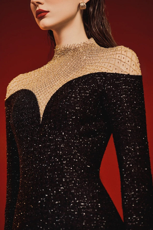 High Neck Fishnet Shoulder Dress - ALBOUSHIYA - district 5 - dubai - riyadh - abaya - dresses - designers - evening wear - luxury - elegance - craftsmanship - gowns - cocktail dresses - collections - georges