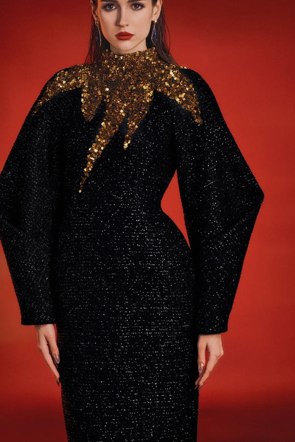 High Neck Fluffy Sleeve Dress - ALBOUSHIYA - district 5 - dubai - riyadh - abaya - dresses - designers - evening wear - luxury - elegance - craftsmanship - gowns - cocktail dresses - collections - georges