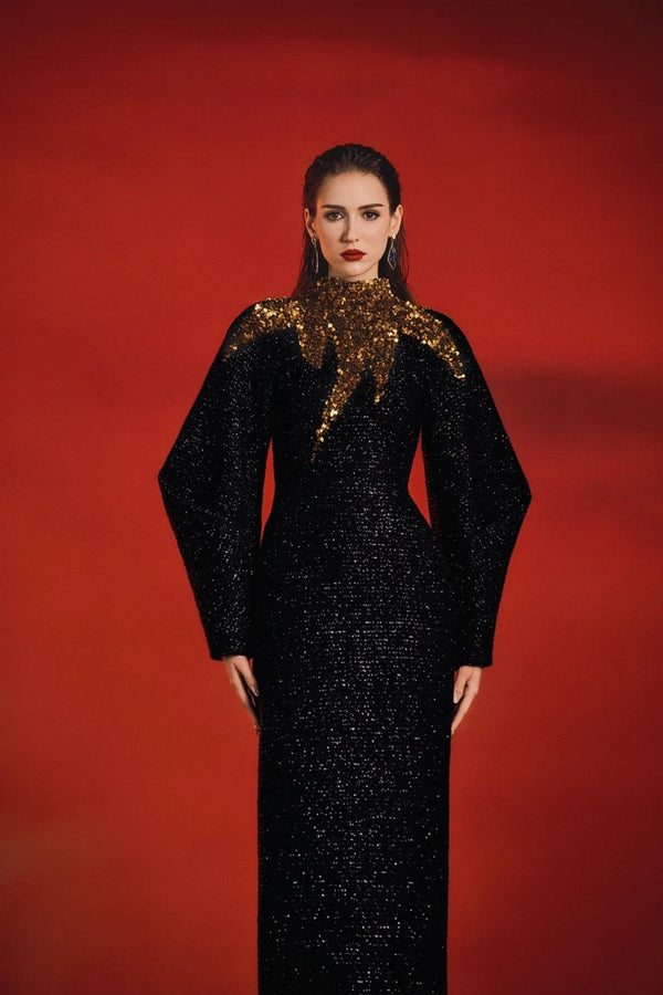 High Neck Fluffy Sleeve Dress - ALBOUSHIYA - district 5 - dubai - riyadh - abaya - dresses - designers - evening wear - luxury - elegance - craftsmanship - gowns - cocktail dresses - collections - georges