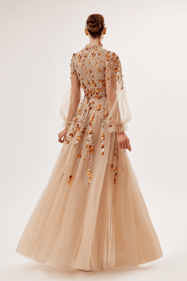 High-Neck Tulle Gown with 3D Floral Embroidery - ALBOUSHIYA - district 5 - dubai - riyadh - abaya - dresses - designers - evening wear - luxury - elegance - craftsmanship - gowns - cocktail dresses - collections - georges