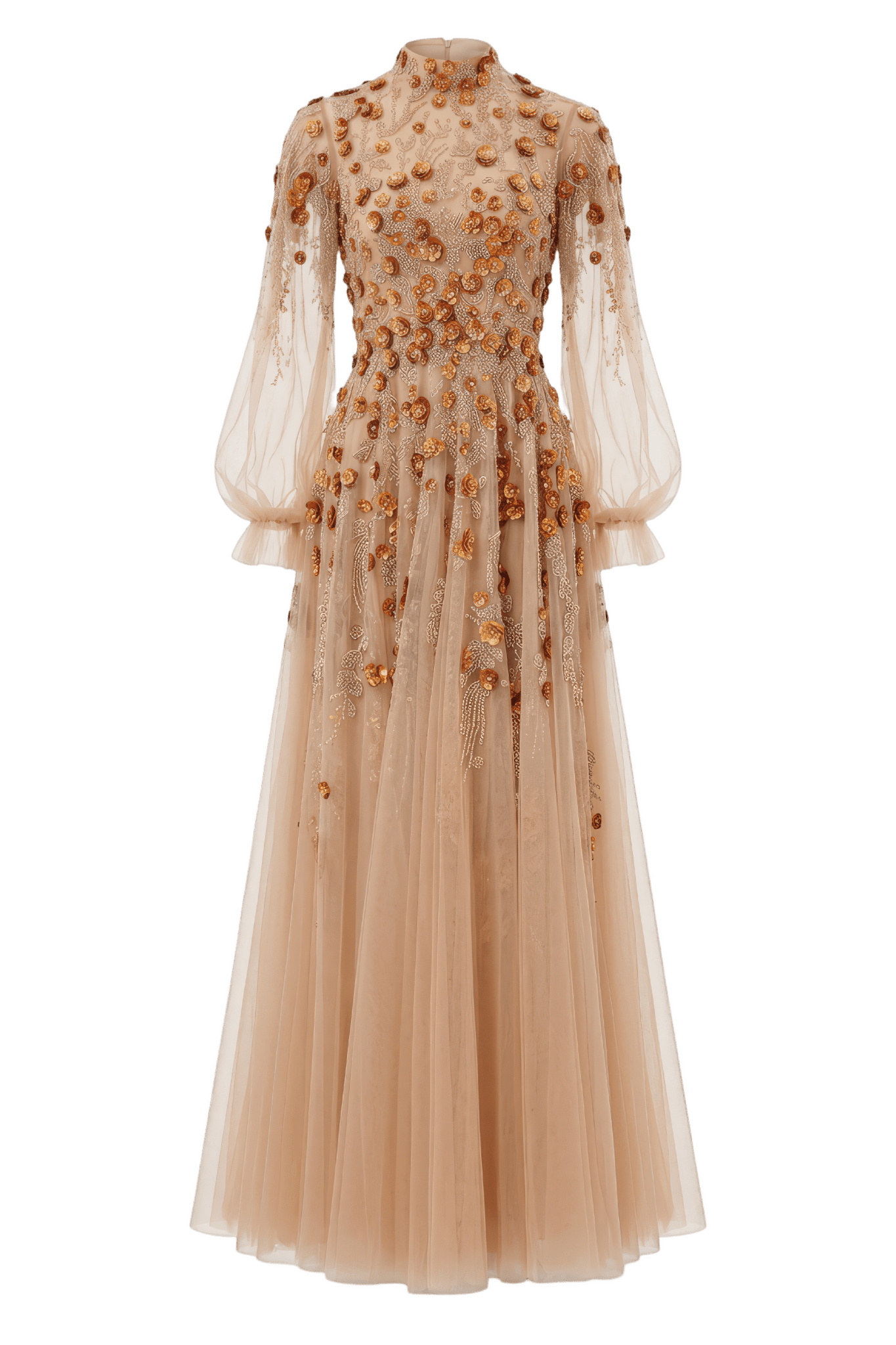 High-Neck Tulle Gown with 3D Floral Embroidery - ALBOUSHIYA - district 5 - dubai - riyadh - abaya - dresses - designers - evening wear - luxury - elegance - craftsmanship - gowns - cocktail dresses - collections - georges