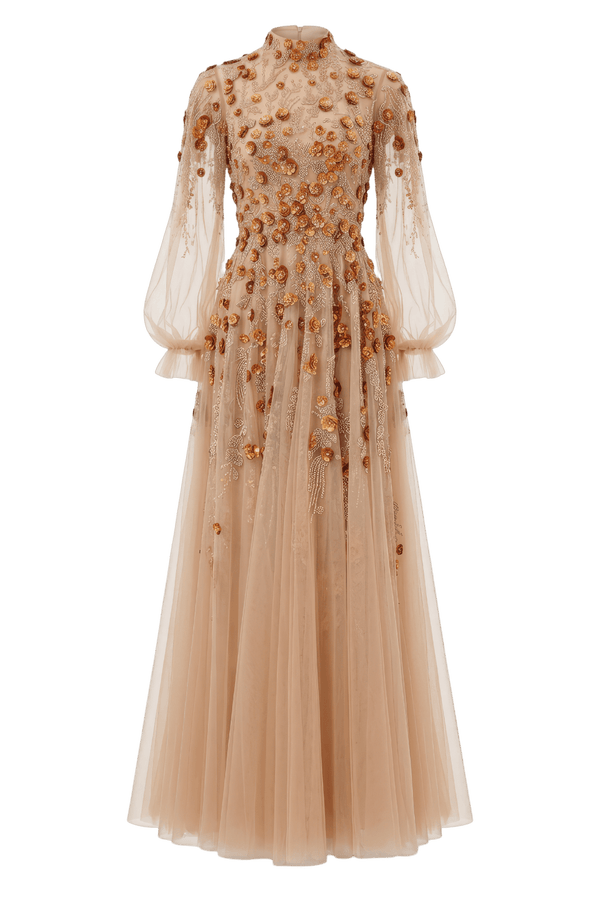 High-Neck Tulle Gown with 3D Floral Embroidery - ALBOUSHIYA - district 5 - dubai - riyadh - abaya - dresses - designers - evening wear - luxury - elegance - craftsmanship - gowns - cocktail dresses - collections - georges