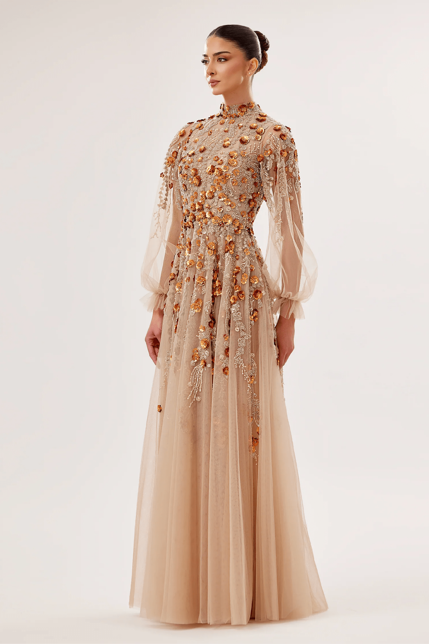 High-Neck Tulle Gown with 3D Floral Embroidery - ALBOUSHIYA - district 5 - dubai - riyadh - abaya - dresses - designers - evening wear - luxury - elegance - craftsmanship - gowns - cocktail dresses - collections - georges