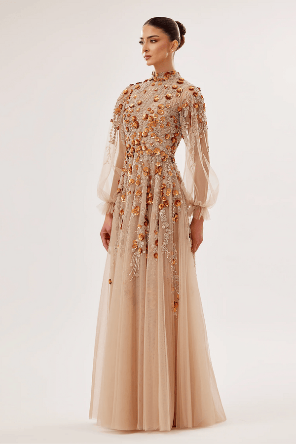 High-Neck Tulle Gown with 3D Floral Embroidery - ALBOUSHIYA - district 5 - dubai - riyadh - abaya - dresses - designers - evening wear - luxury - elegance - craftsmanship - gowns - cocktail dresses - collections - georges