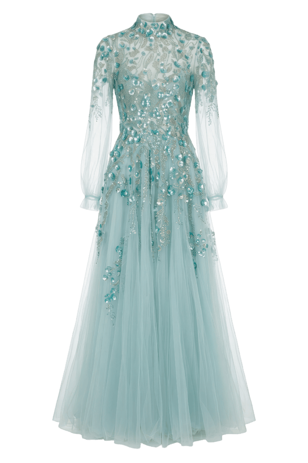 High-Neck Tulle Gown with 3D Floral Embroidery - ALBOUSHIYA - district 5 - dubai - riyadh - abaya - dresses - designers - evening wear - luxury - elegance - craftsmanship - gowns - cocktail dresses - collections - georges
