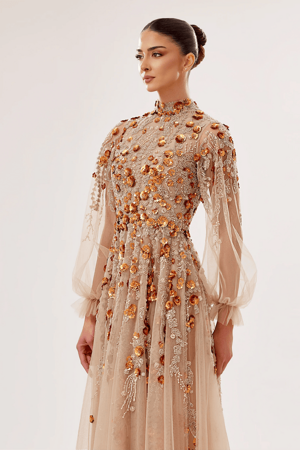 High-Neck Tulle Gown with 3D Floral Embroidery - ALBOUSHIYA - district 5 - dubai - riyadh - abaya - dresses - designers - evening wear - luxury - elegance - craftsmanship - gowns - cocktail dresses - collections - georges