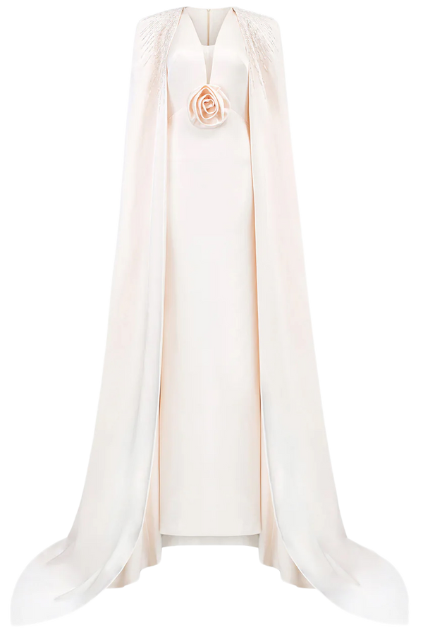 V-Neckline Sleeveless Gown With Long Cape