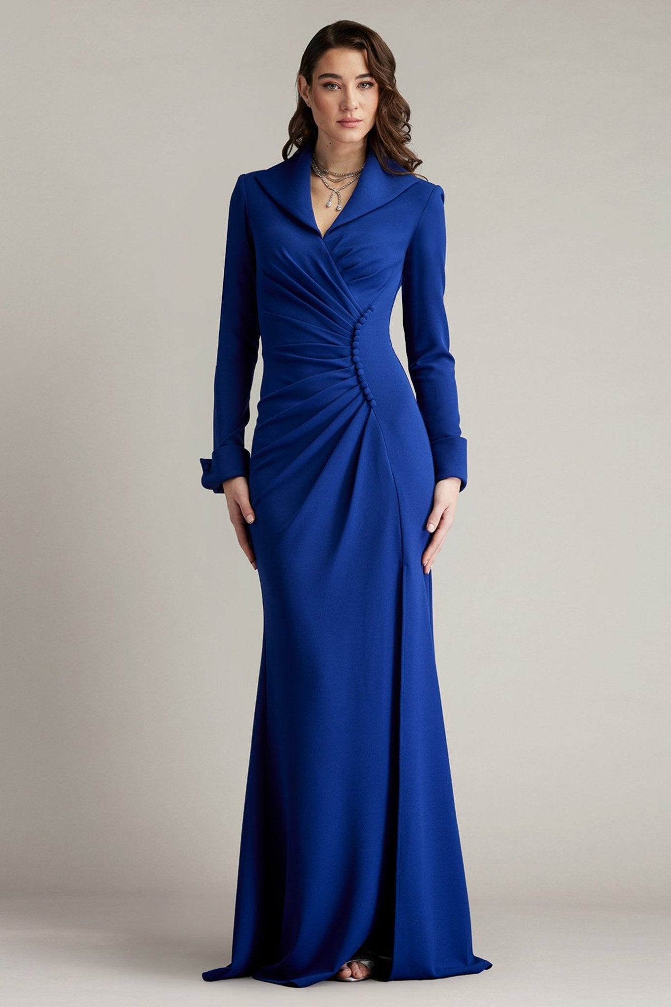 Jerico Ruched French Cuff Gown - ALBOUSHIYA - district 5 - dubai - riyadh - abaya - dresses - designers - evening wear - luxury - elegance - craftsmanship - gowns - cocktail dresses - collections - georges