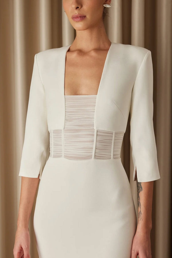 Jia Drape Detailed Crepe Midi Dress - ALBOUSHIYA - district 5 - dubai - riyadh - abaya - dresses - designers - evening wear - luxury - elegance - craftsmanship - gowns - cocktail dresses - collections - georges