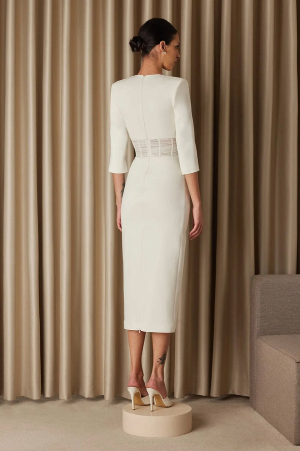 Jia Drape Detailed Crepe Midi Dress - ALBOUSHIYA - district 5 - dubai - riyadh - abaya - dresses - designers - evening wear - luxury - elegance - craftsmanship - gowns - cocktail dresses - collections - georges