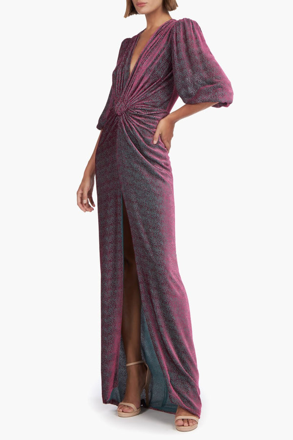 Kallista Silk Velvet Devorè Gown - ALBOUSHIYA - district 5 - dubai - riyadh - abaya - dresses - designers - evening wear - luxury - elegance - craftsmanship - gowns - cocktail dresses - collections - georges