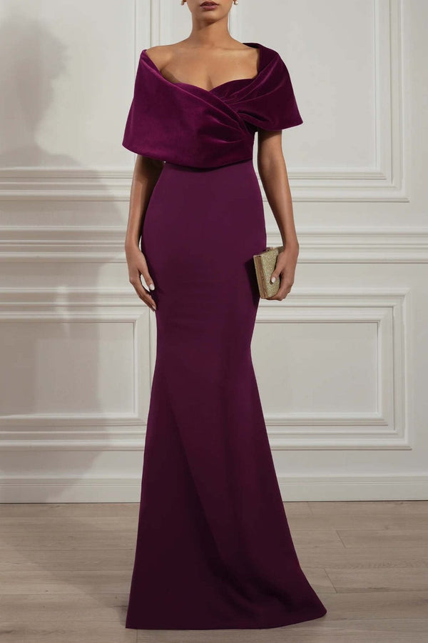 Kavya Dark Purple Crepe and Velvet Gown - ALBOUSHIYA - district 5 - dubai - riyadh - abaya - dresses - designers - evening wear - luxury - elegance - craftsmanship - gowns - cocktail dresses - collections - georges