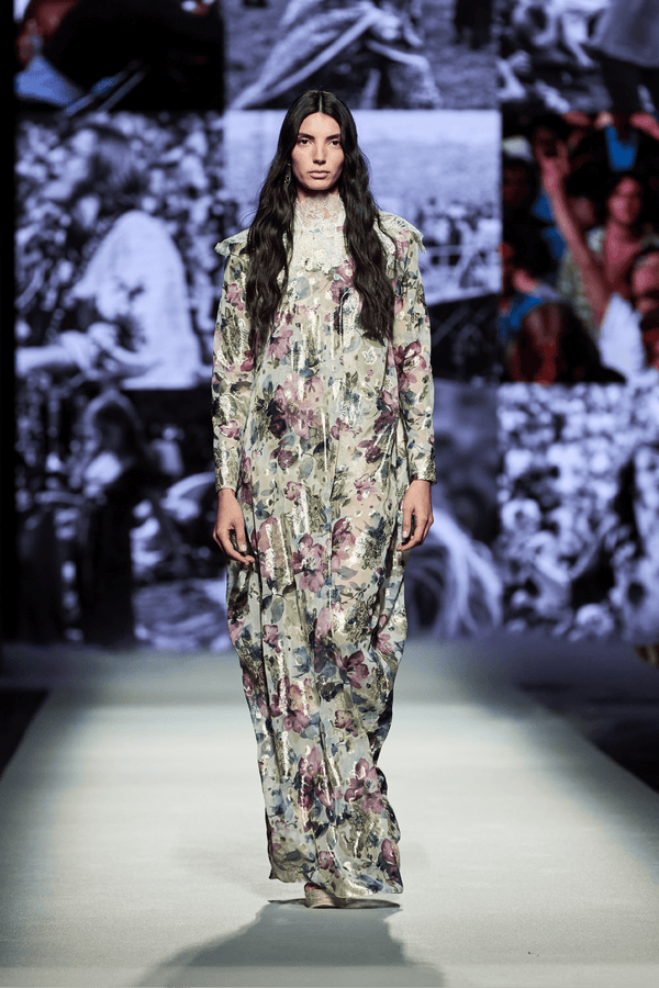 Lace-Trimmed Metallic Floral-Print Chiffon Gown - ALBOUSHIYA - district 5 - dubai - riyadh - abaya - dresses - designers - evening wear - luxury - elegance - craftsmanship - gowns - cocktail dresses - collections - georges