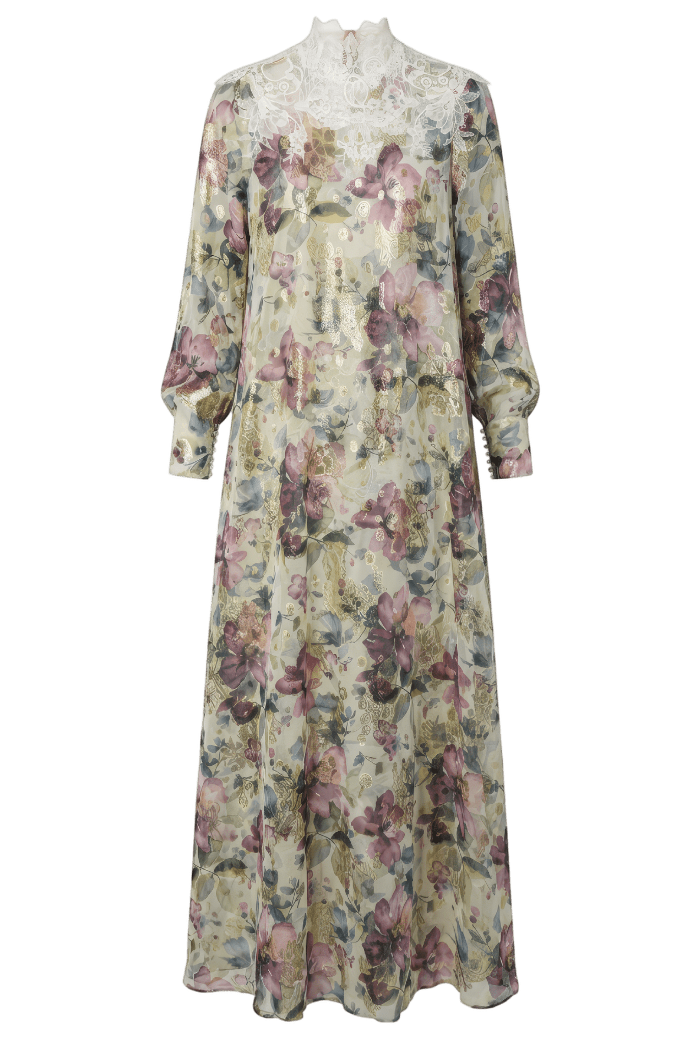 Lace-Trimmed Metallic Floral-Print Chiffon Gown - ALBOUSHIYA - district 5 - dubai - riyadh - abaya - dresses - designers - evening wear - luxury - elegance - craftsmanship - gowns - cocktail dresses - collections - georges