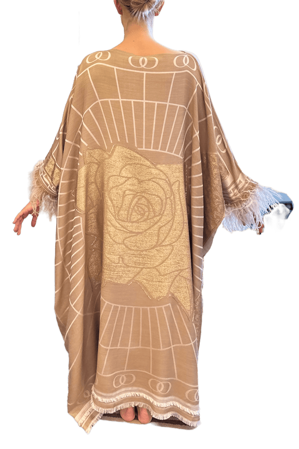 Leila Silk Jacquard Caftan in Beige - ALBOUSHIYA - district 5 - dubai - riyadh - abaya - dresses - designers - evening wear - luxury - elegance - craftsmanship - gowns - cocktail dresses - collections - georges