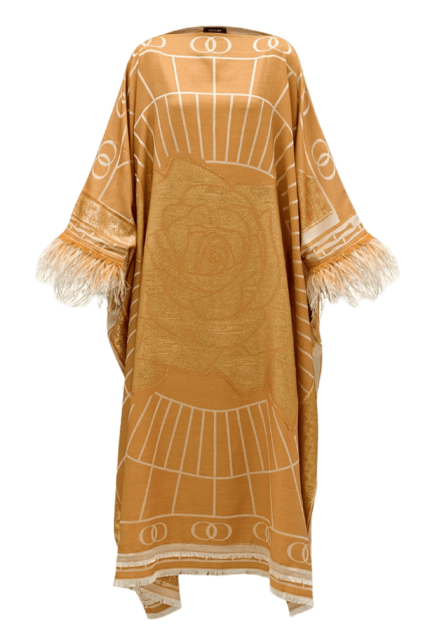 Leila Silk Jacquard Caftan in Gold - ALBOUSHIYA - district 5 - dubai - riyadh - abaya - dresses - designers - evening wear - luxury - elegance - craftsmanship - gowns - cocktail dresses - collections - georges