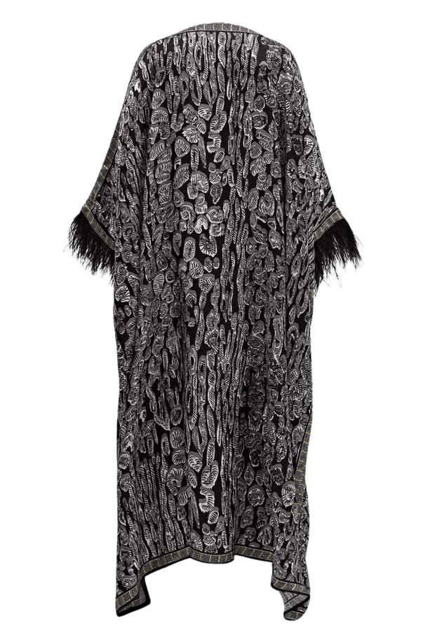 Leopard of the East Caftan with Feathered Cuffs - ALBOUSHIYA - district 5 - dubai - riyadh - abaya - dresses - designers - evening wear - luxury - elegance - craftsmanship - gowns - cocktail dresses - collections - georges