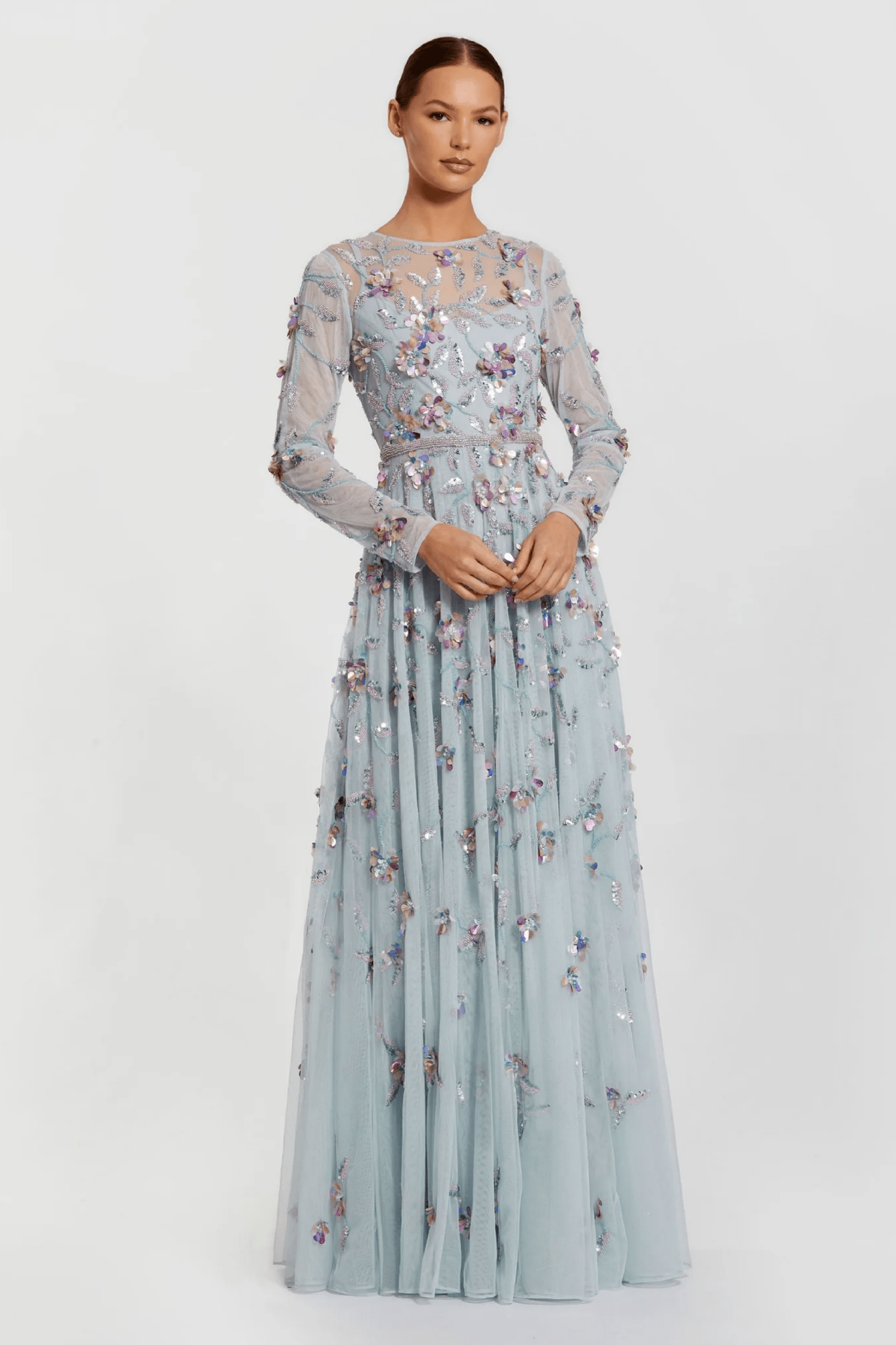 Light Blue Long Sleeve Floral Embellished Evening Gown - ALBOUSHIYA - district 5 - dubai - riyadh - abaya - dresses - designers - evening wear - luxury - elegance - craftsmanship - gowns - cocktail dresses - collections - georges