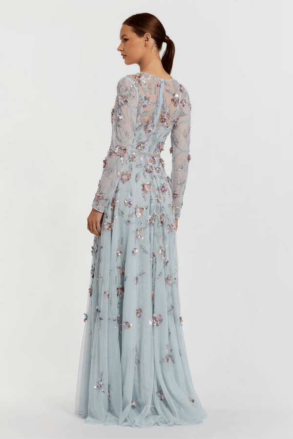 Light Blue Long Sleeve Floral Embellished Evening Gown - ALBOUSHIYA - district 5 - dubai - riyadh - abaya - dresses - designers - evening wear - luxury - elegance - craftsmanship - gowns - cocktail dresses - collections - georges