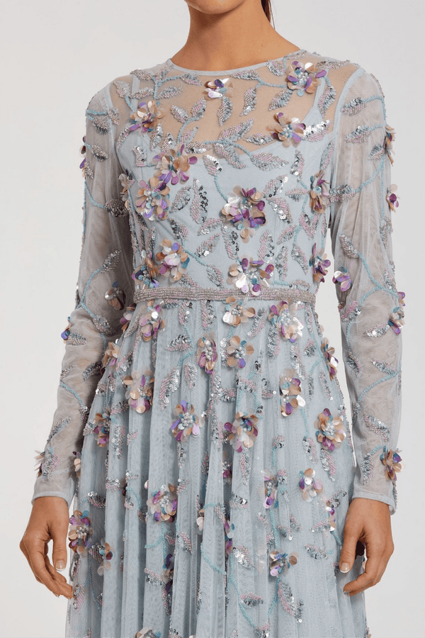 Light Blue Long Sleeve Floral Embellished Evening Gown - ALBOUSHIYA - district 5 - dubai - riyadh - abaya - dresses - designers - evening wear - luxury - elegance - craftsmanship - gowns - cocktail dresses - collections - georges