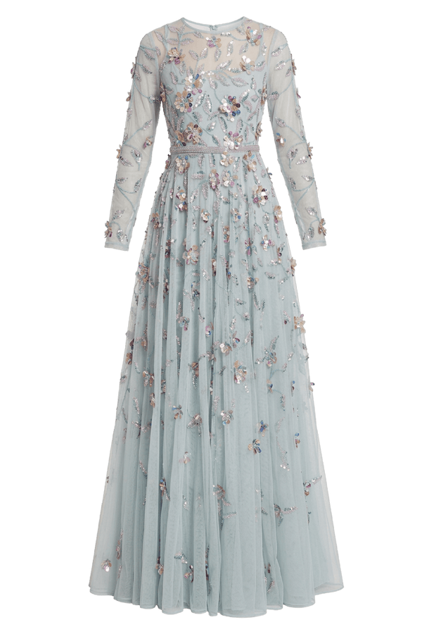 Light Blue Long Sleeve Floral Embellished Evening Gown - ALBOUSHIYA - district 5 - dubai - riyadh - abaya - dresses - designers - evening wear - luxury - elegance - craftsmanship - gowns - cocktail dresses - collections - georges