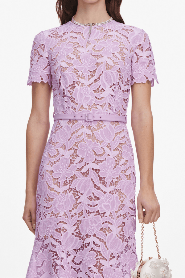 Lilac Guipure Midi Dress - ALBOUSHIYA - district 5 - dubai - riyadh - abaya - dresses - designers - evening wear - luxury - elegance - craftsmanship - gowns - cocktail dresses - collections - georges