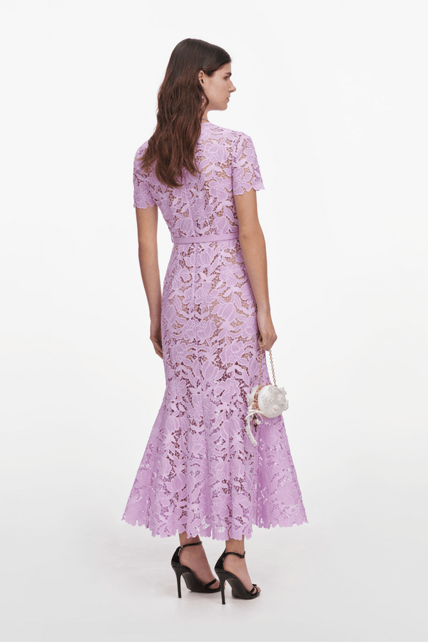 Lilac Guipure Midi Dress - ALBOUSHIYA - district 5 - dubai - riyadh - abaya - dresses - designers - evening wear - luxury - elegance - craftsmanship - gowns - cocktail dresses - collections - georges