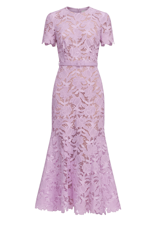 Lilac Guipure Midi Dress - ALBOUSHIYA - district 5 - dubai - riyadh - abaya - dresses - designers - evening wear - luxury - elegance - craftsmanship - gowns - cocktail dresses - collections - georges