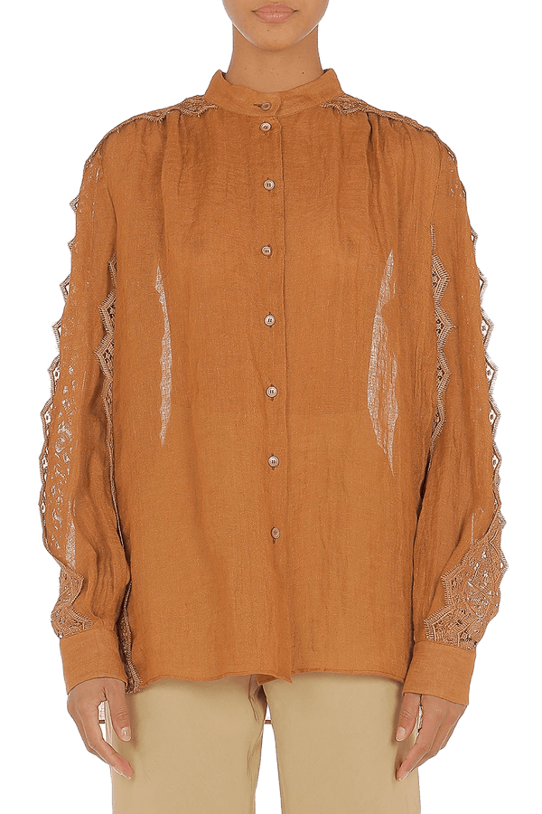 Linen & Lace Shirt - ALBOUSHIYA - district 5 - dubai - riyadh - abaya - dresses - designers - evening wear - luxury - elegance - craftsmanship - gowns - cocktail dresses - collections - georges