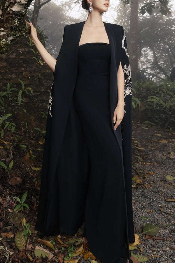 Long Cape With Straight Strapless Dress - ALBOUSHIYA - district 5 - dubai - riyadh - abaya - dresses - designers - evening wear - luxury - elegance - craftsmanship - gowns - cocktail dresses - collections - georges
