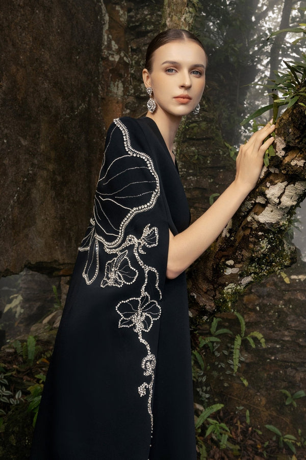 Long Cape With Straight Strapless Dress - ALBOUSHIYA - district 5 - dubai - riyadh - abaya - dresses - designers - evening wear - luxury - elegance - craftsmanship - gowns - cocktail dresses - collections - georges
