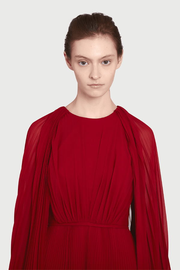 Long Red Cape Silk Dress - ALBOUSHIYA - district 5 - dubai - riyadh - abaya - dresses - designers - evening wear - luxury - elegance - craftsmanship - gowns - cocktail dresses - collections - georges
