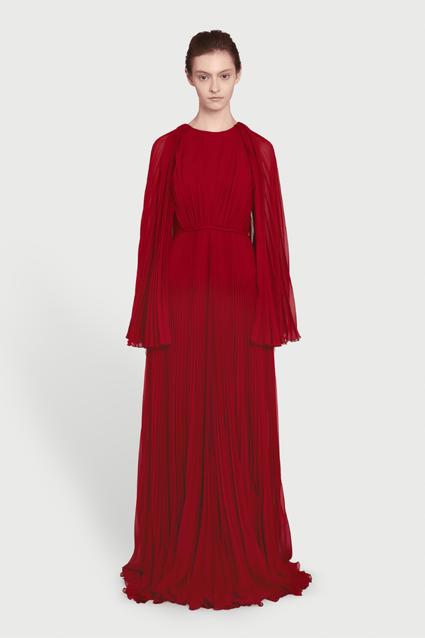 Long Red Cape Silk Dress - ALBOUSHIYA - district 5 - dubai - riyadh - abaya - dresses - designers - evening wear - luxury - elegance - craftsmanship - gowns - cocktail dresses - collections - georges
