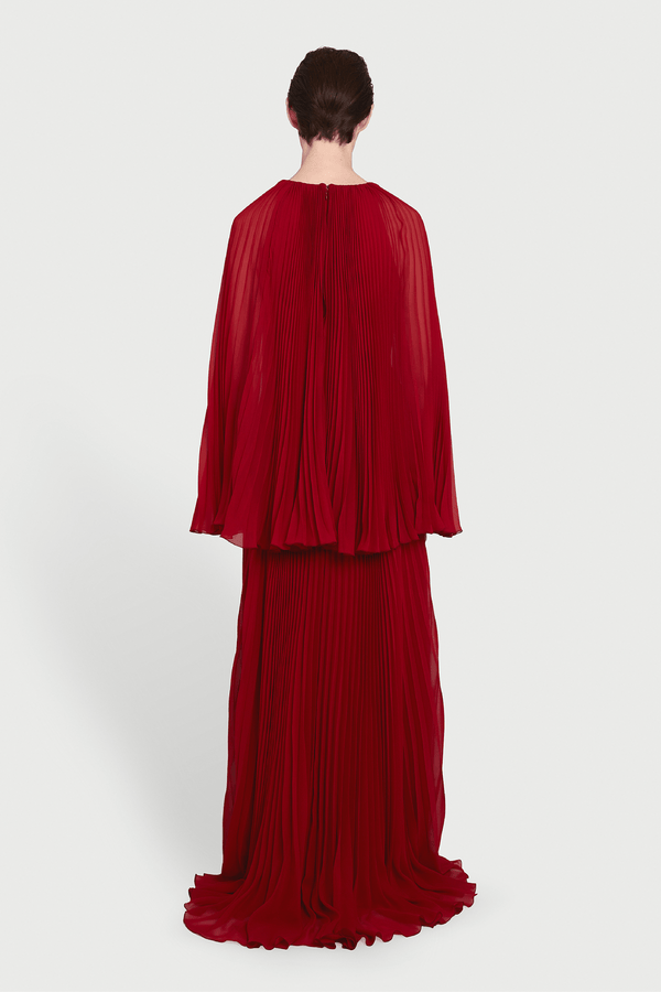 Long Red Cape Silk Dress - ALBOUSHIYA - district 5 - dubai - riyadh - abaya - dresses - designers - evening wear - luxury - elegance - craftsmanship - gowns - cocktail dresses - collections - georges