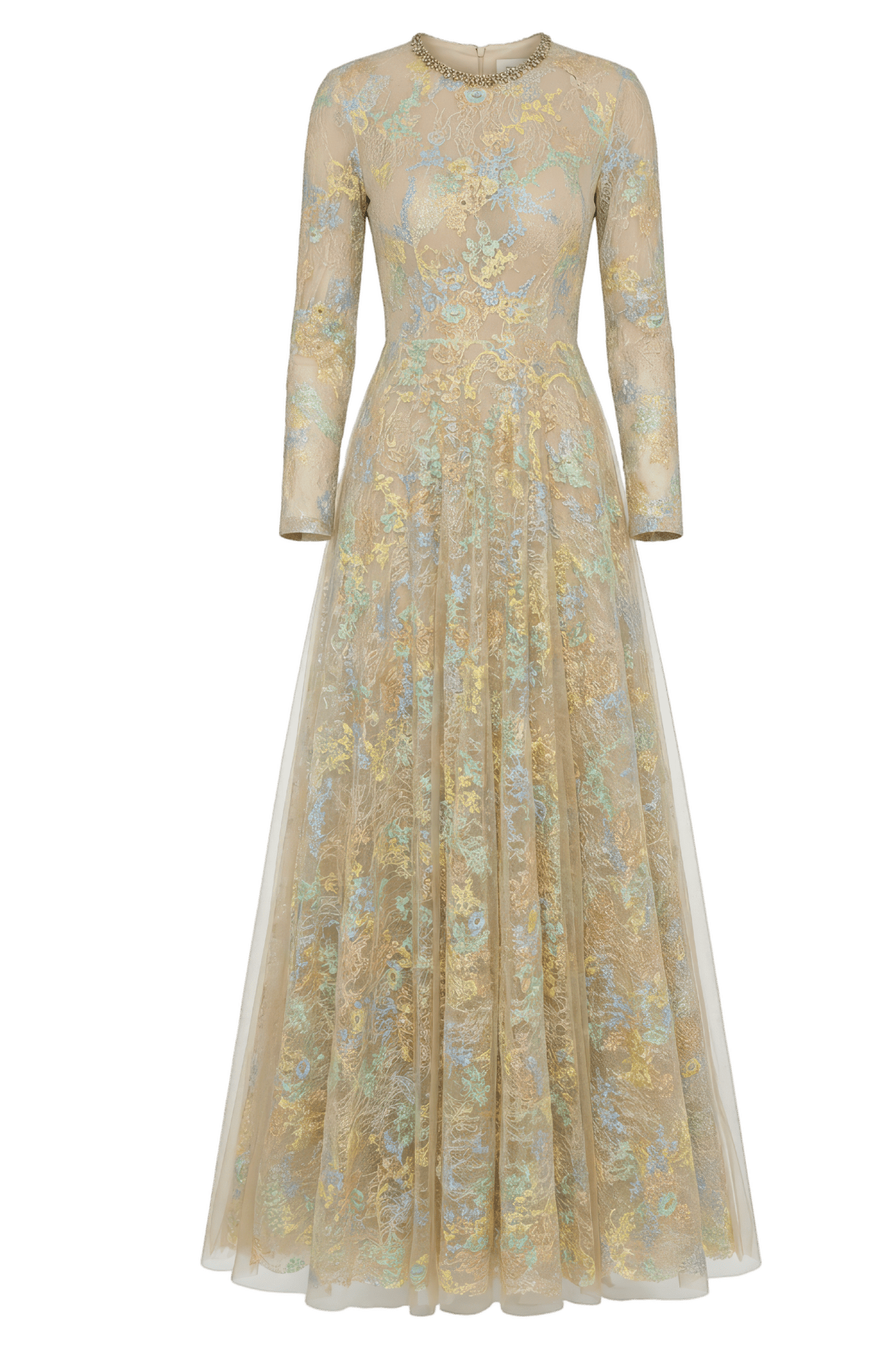 Long Sleeve Embellished Lace A-Line Gown - ALBOUSHIYA - district 5 - dubai - riyadh - abaya - dresses - designers - evening wear - luxury - elegance - craftsmanship - gowns - cocktail dresses - collections - georges