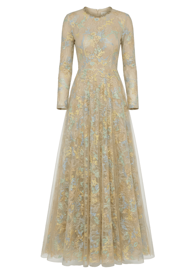 Long Sleeve Embellished Lace A-Line Gown - ALBOUSHIYA - district 5 - dubai - riyadh - abaya - dresses - designers - evening wear - luxury - elegance - craftsmanship - gowns - cocktail dresses - collections - georges